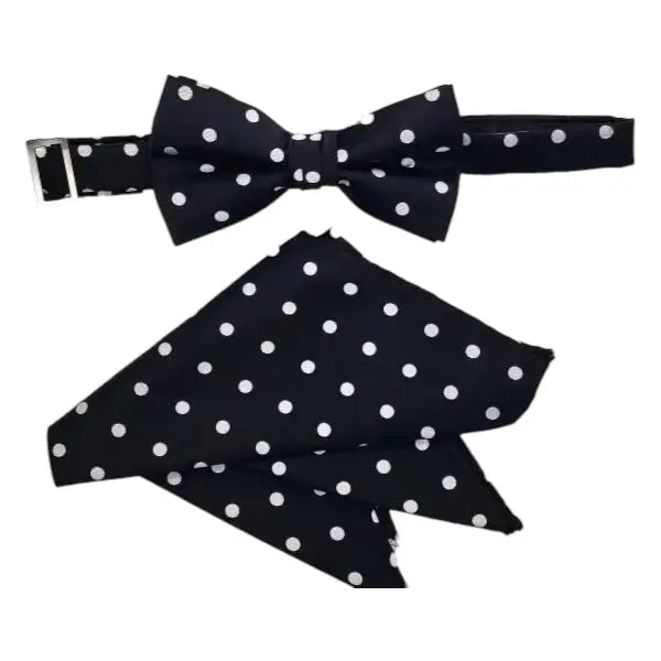 M & R Clothing Stacy Adams black and white polka dot pre-tied bow tie and matching pocket square formal set