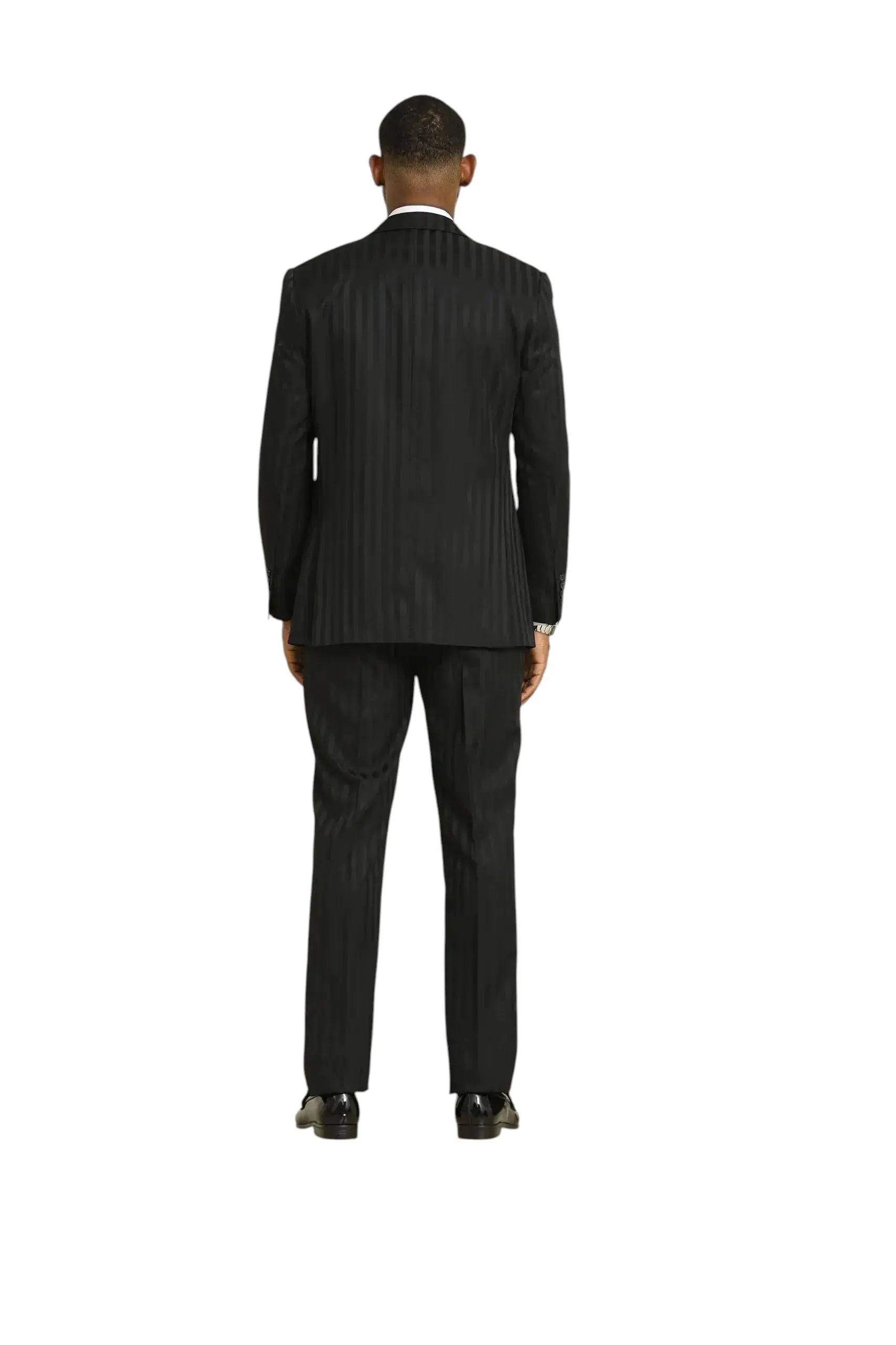 Back view of a man wearing a black Stacy Adams 3-piece suit with a subtle tone-on-tone striped pattern from M & R Clothing