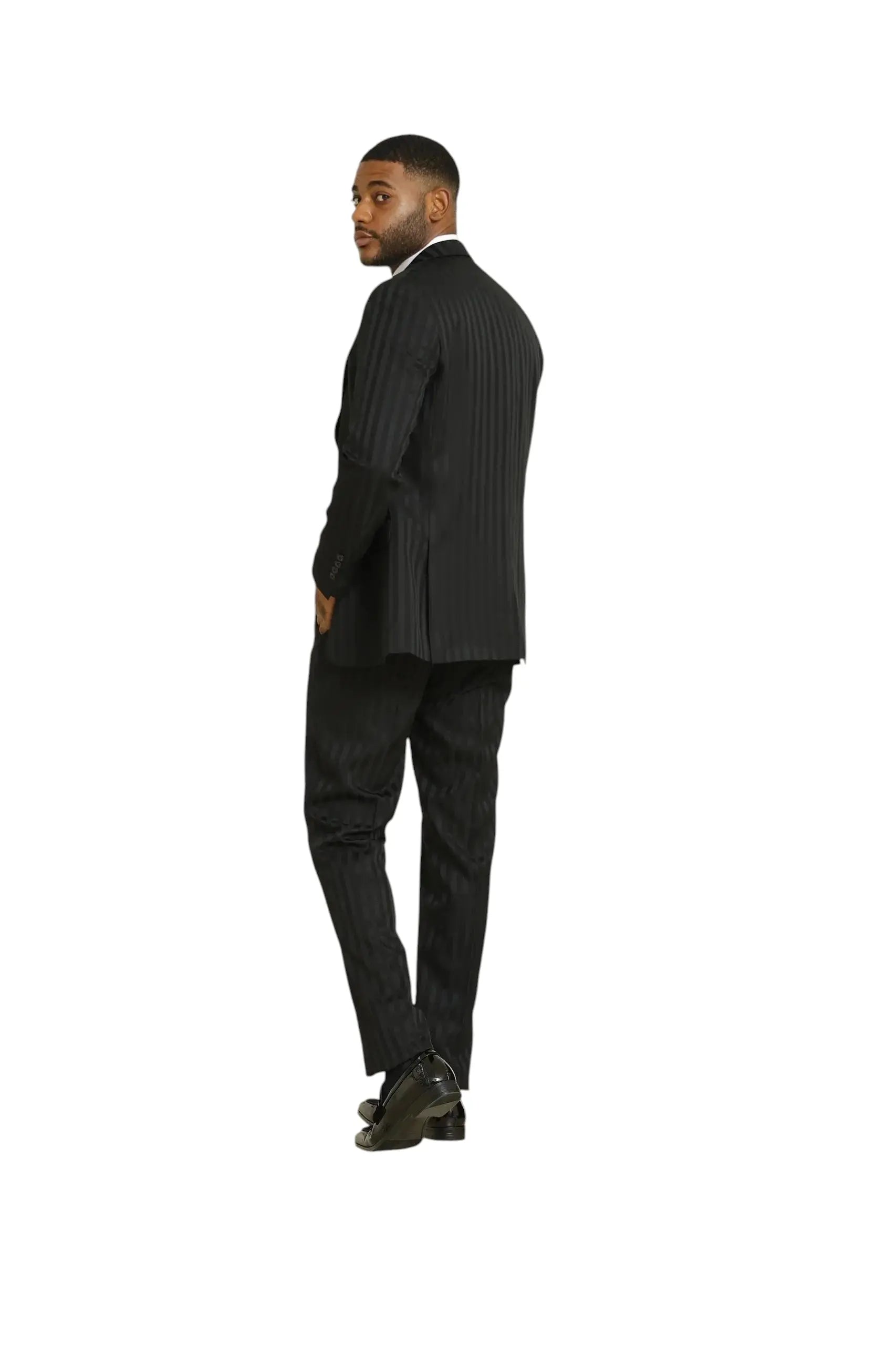 A model wearing a M & R Clothing Stacy Adams black 3-piece suit with a subtle tone-on-tone striped pattern.