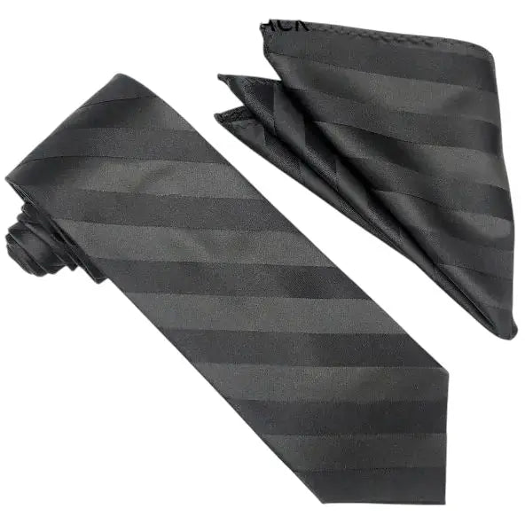 M & R Clothing Stacy Adams black tonal striped necktie and matching pocket square set for formal wedding attire.