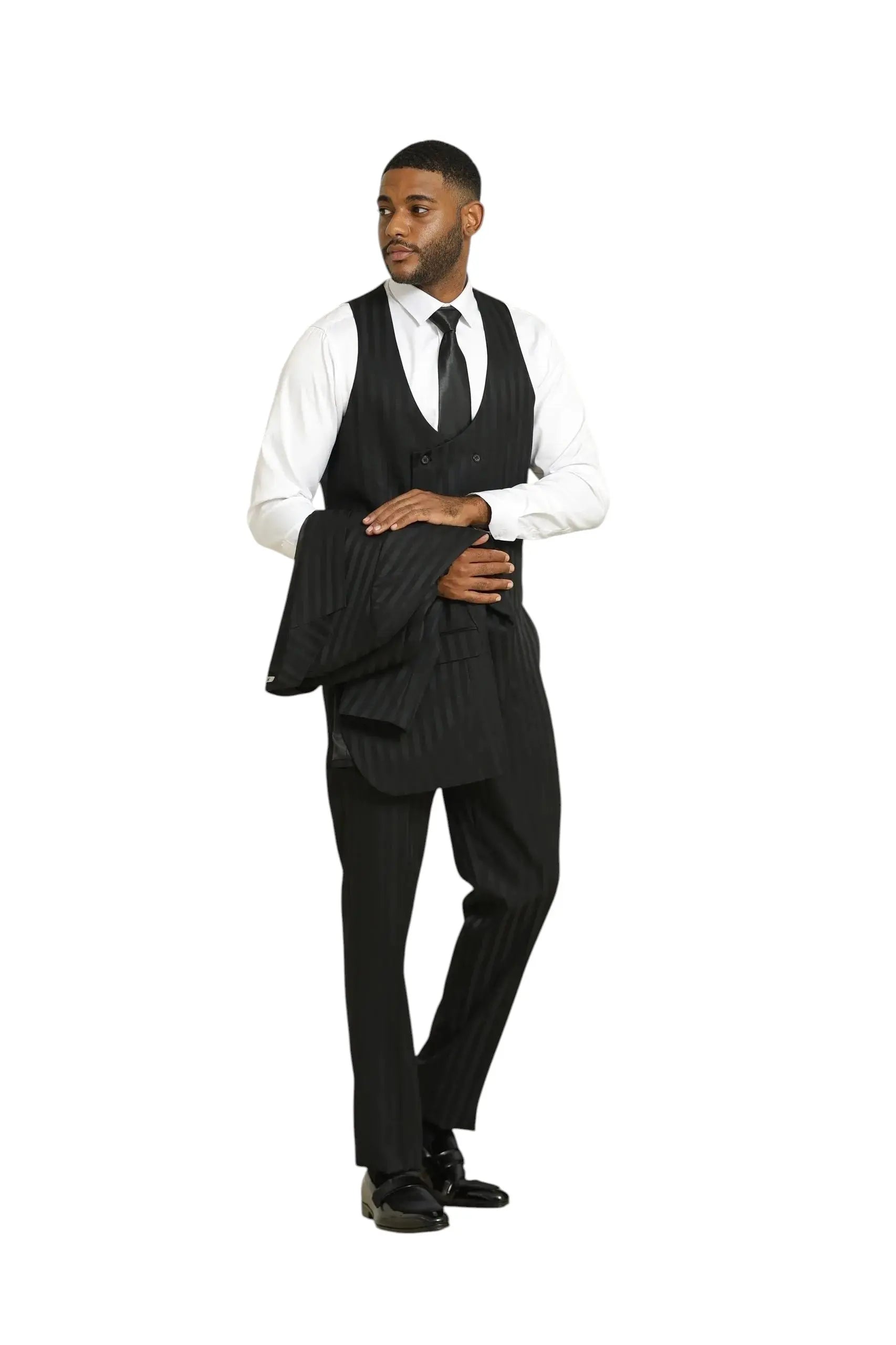 M & R Clothing Stacy Adams black 3-piece suit with tone-on-tone pattern worn by a man with a white shirt and tie