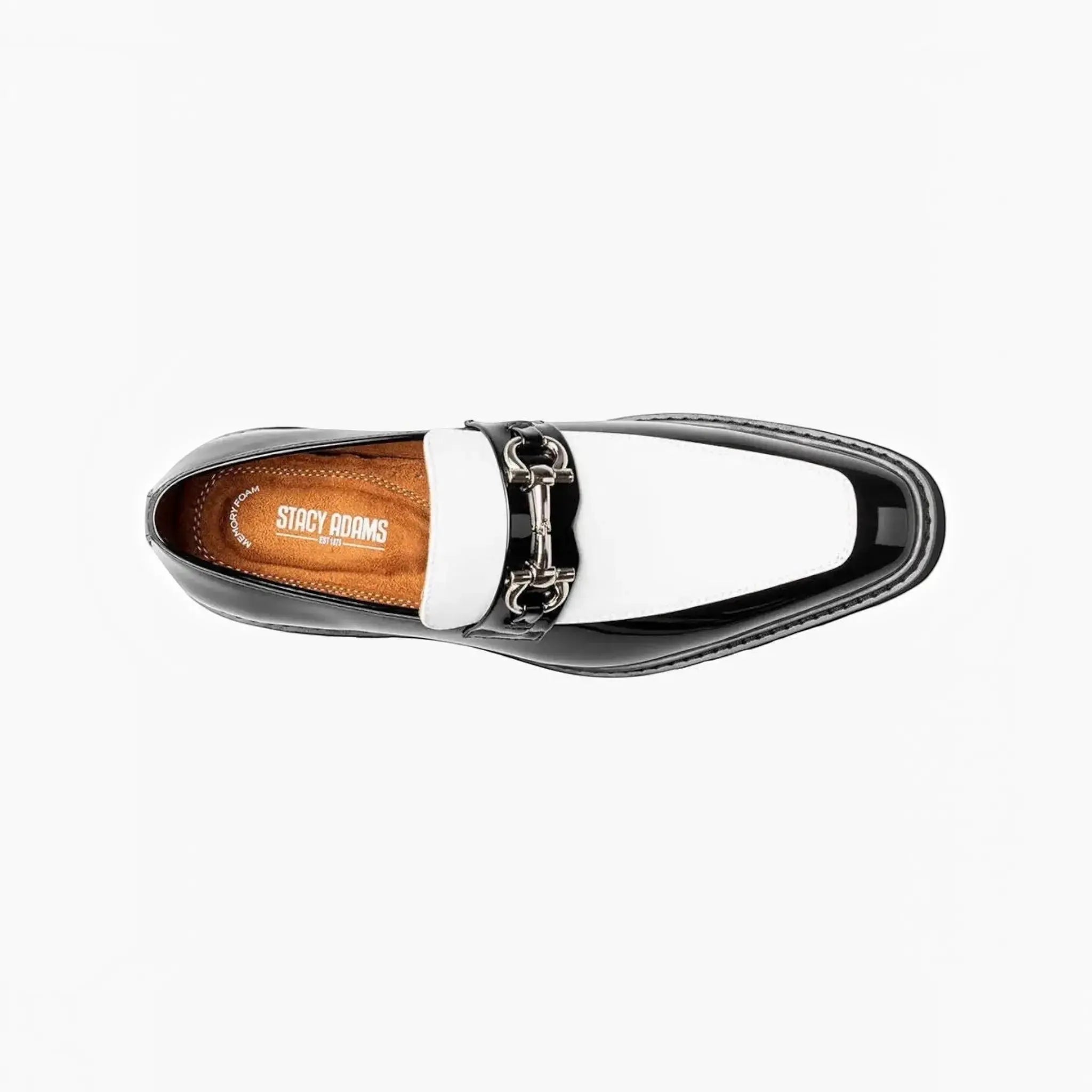 M & R Clothing Stacy Adams Carabello black and white patent leather horsebit slip-on shoe, top view.