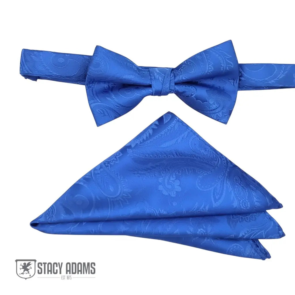 M & R Clothing Stacy Adams blue paisley pre-tied bow tie and matching pocket square set for formal events
