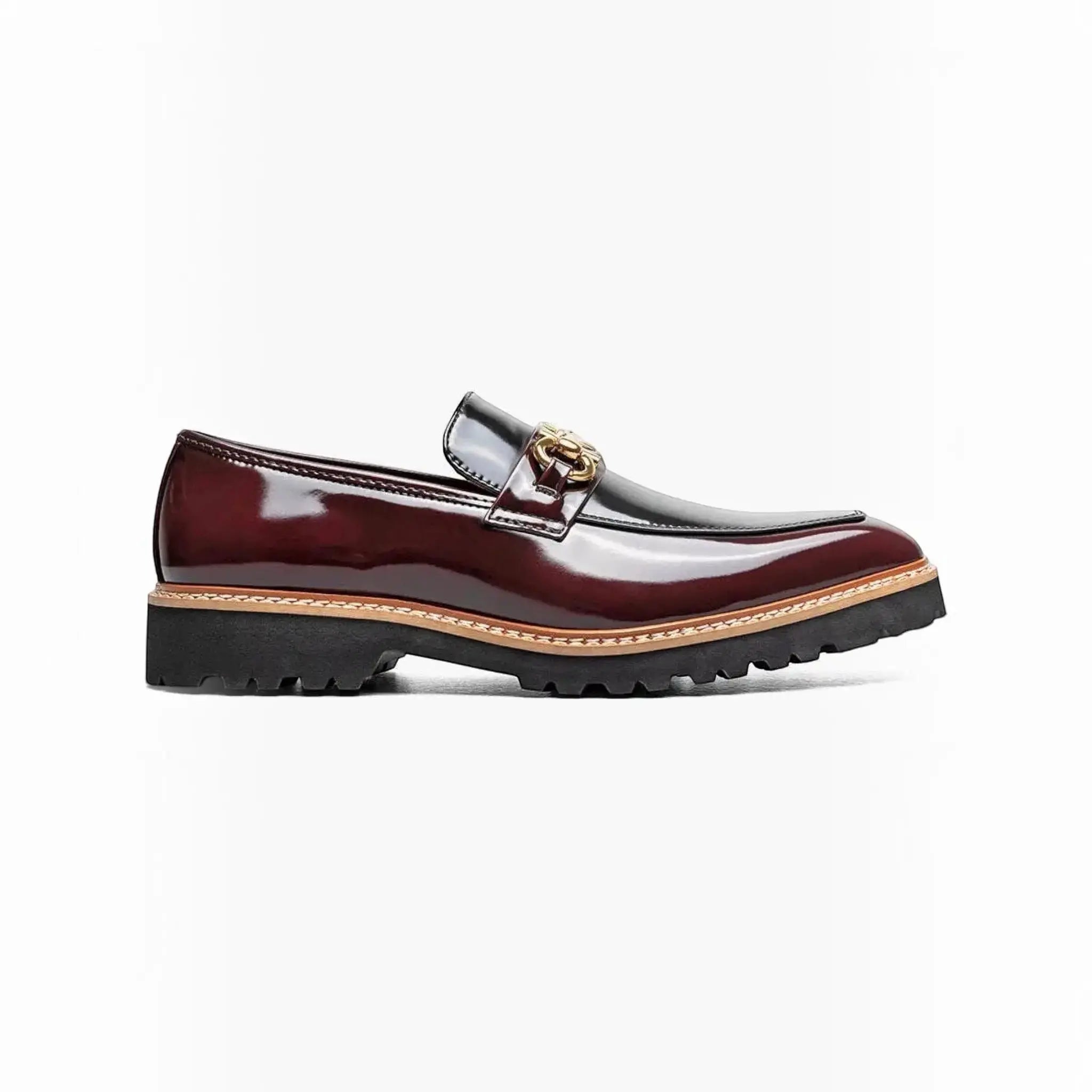 M & R Clothing Stacy Adams Carabello burgundy patent leather horsebit slip-on loafer with a chunky lug sole.