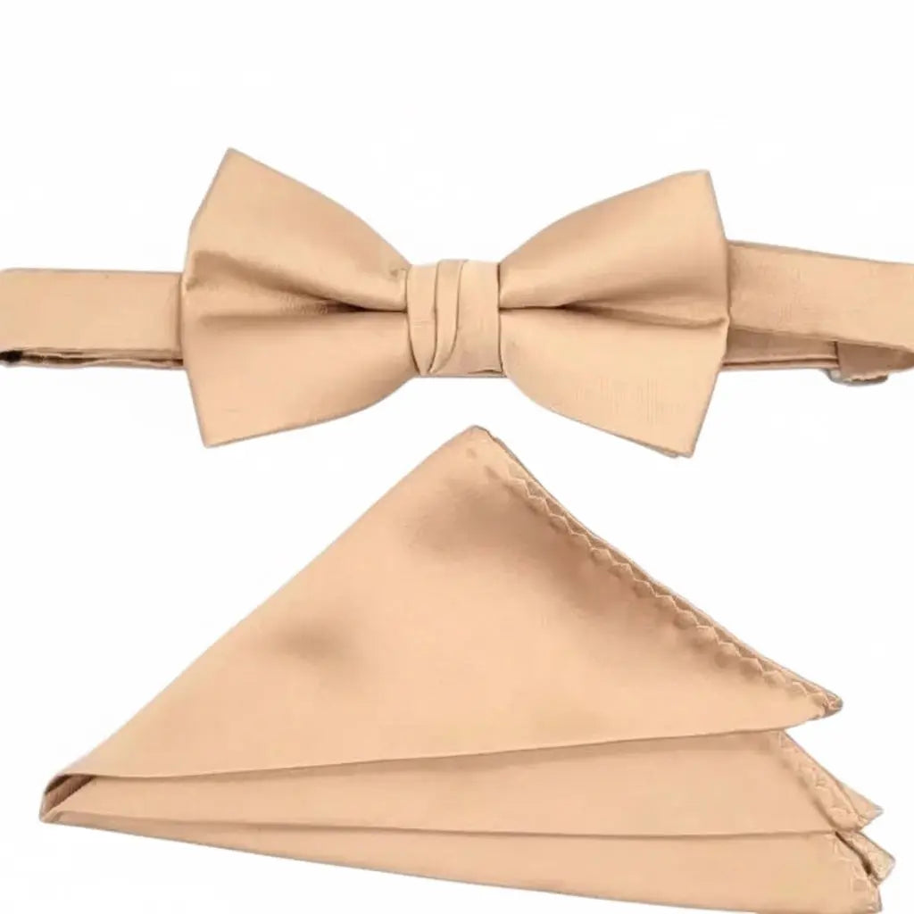 M & R Clothing Stacy Adams solid champagne satin bowtie and matching pocket square set for formal wear.