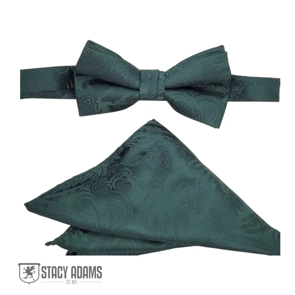 M & R Clothing Stacy Adams dark green paisley pre-tied bow tie and matching pocket square set for formal events