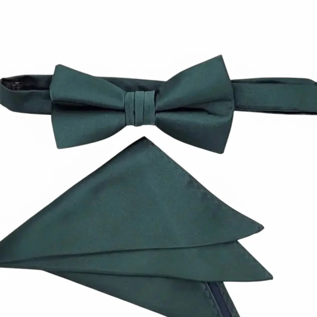 M & R Clothing Stacy Adams dark green satin bowtie and matching pocket square set for formal wear