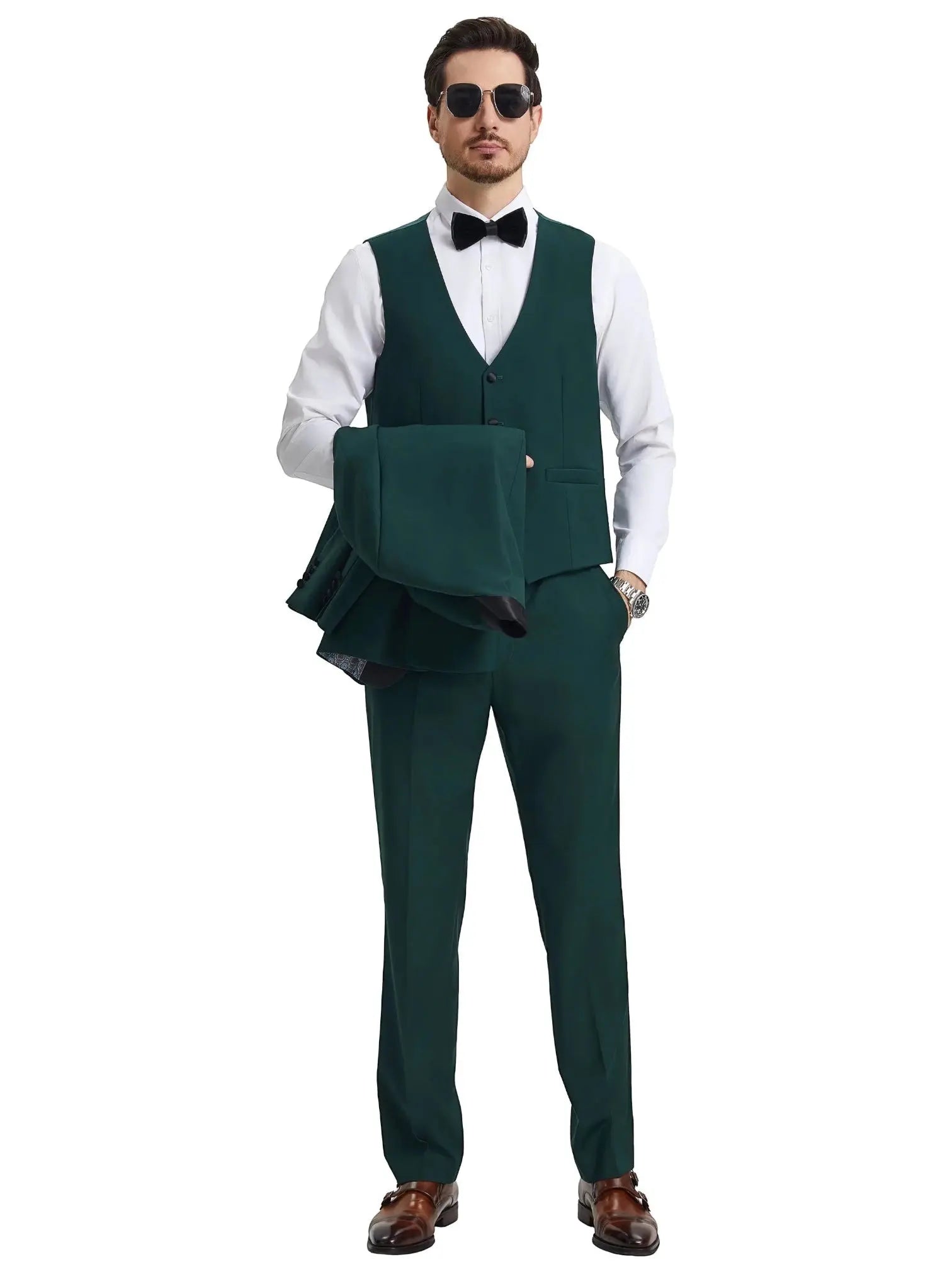 M & R Clothing Stacy Adams dark green 3-piece tuxedo set with vest, trousers, and jacket held by a model in sunglasses