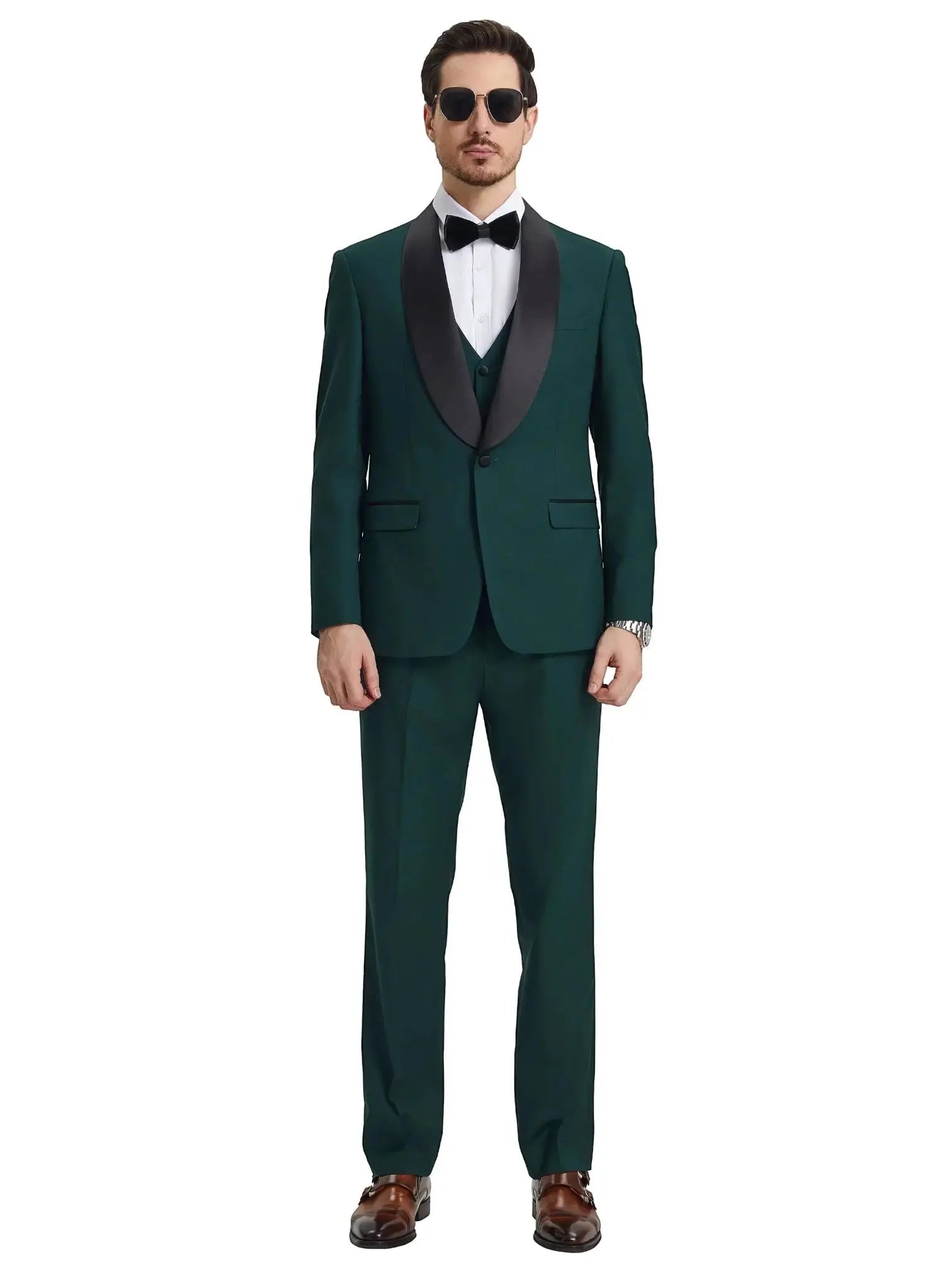 M & R Clothing Stacy Adams dark green 3-piece tuxedo with black satin shawl collar, vest, and bow tie on a model
