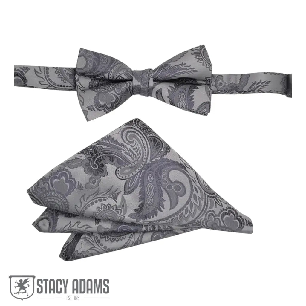M & R Clothing Stacy Adams grey paisley pre-tied bow tie and matching folded pocket square set for formal events