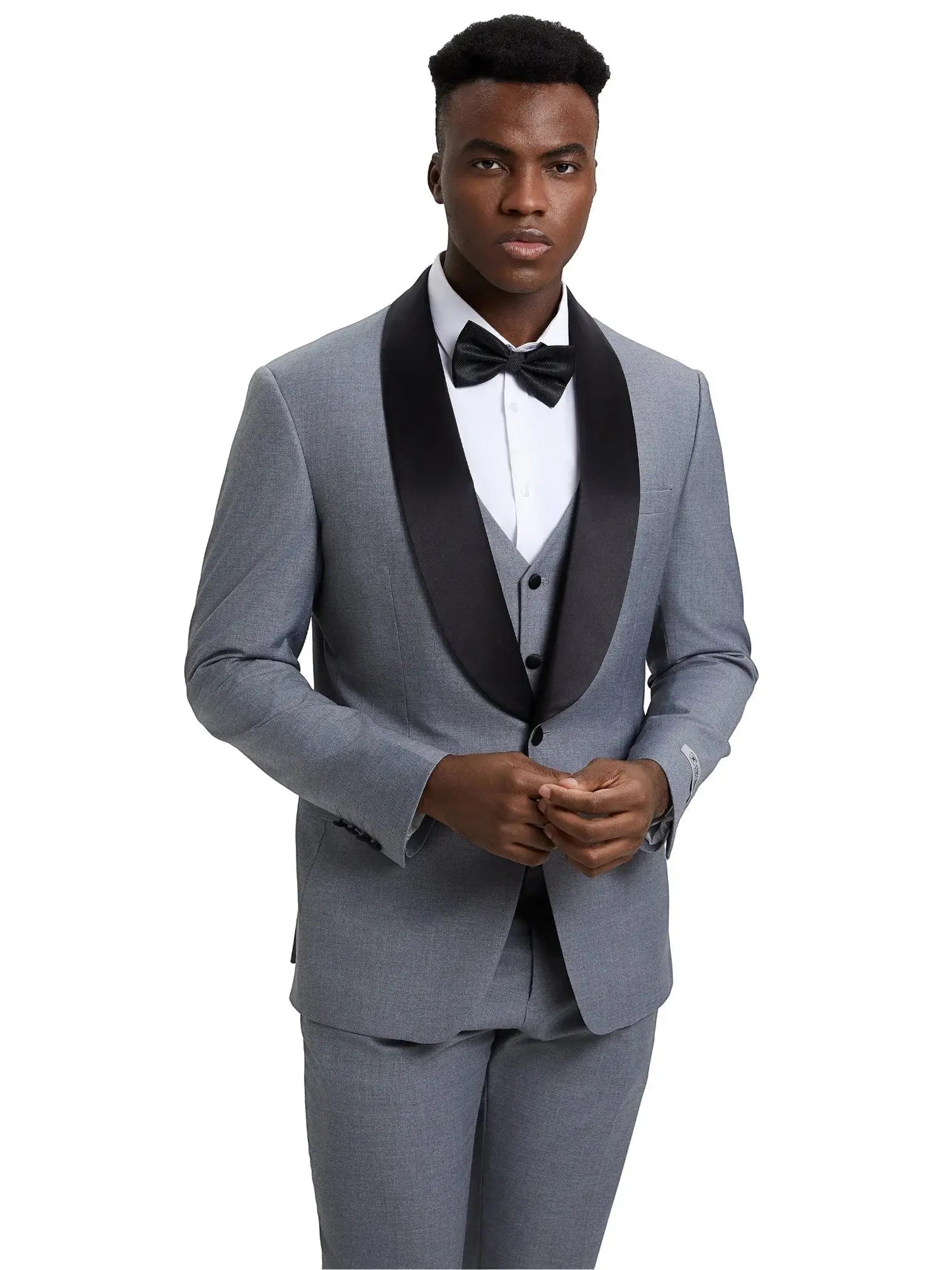 Model wearing a M & R Clothing Stacy Adams grey 3-piece tuxedo with a black satin shawl collar and matching vest.
