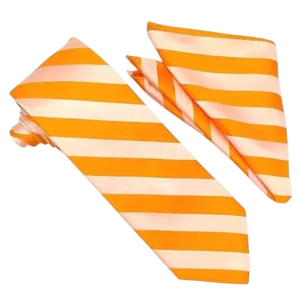 M & R Clothing Stacy Adams orange tonal striped necktie and matching pocket square set for formal wedding attire.