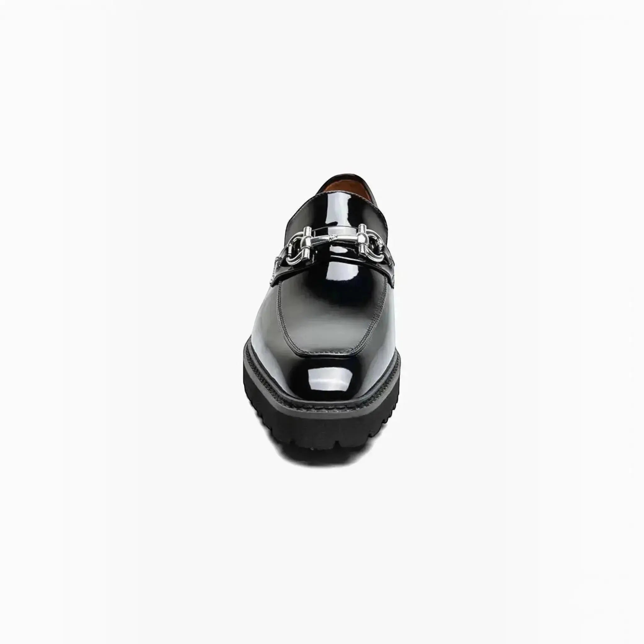 M & R Clothing Stacy Adams Carabello black patent leather slip-on shoe with silver horsebit hardware and lug sole.