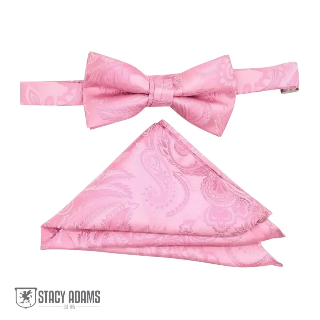 M & R Clothing Stacy Adams pink paisley pre-tied bow tie and matching pocket square set for formal events