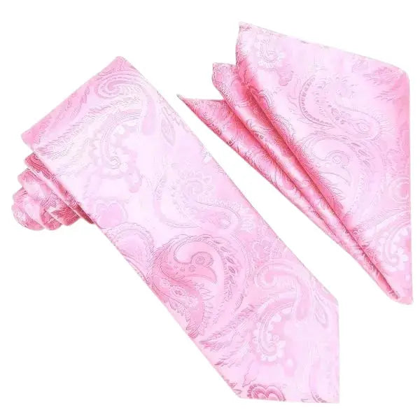 M & R Clothing Stacy Adams pink paisley necktie and matching pocket square set for formal occasions