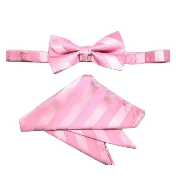 M & R Clothing Stacy Adams pink pre-tied bow tie and matching pocket square set with elegant diagonal stripe pattern