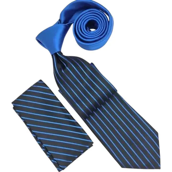 M & R Clothing Stacy Adams blue and black vertical pinstripe necktie and matching pocket square set