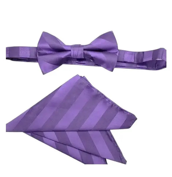 M & R Clothing Stacy Adams purple striped pre-tied bow tie and matching pocket square set for formal wedding attire