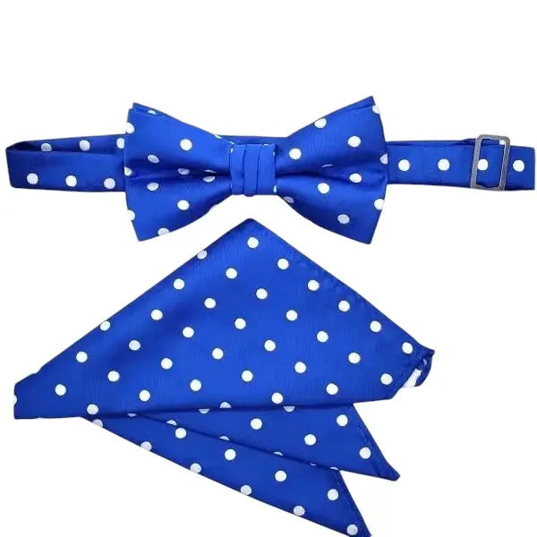M & R Clothing Stacy Adams royal blue pre-tied bow tie and matching pocket square set with white polka dot pattern