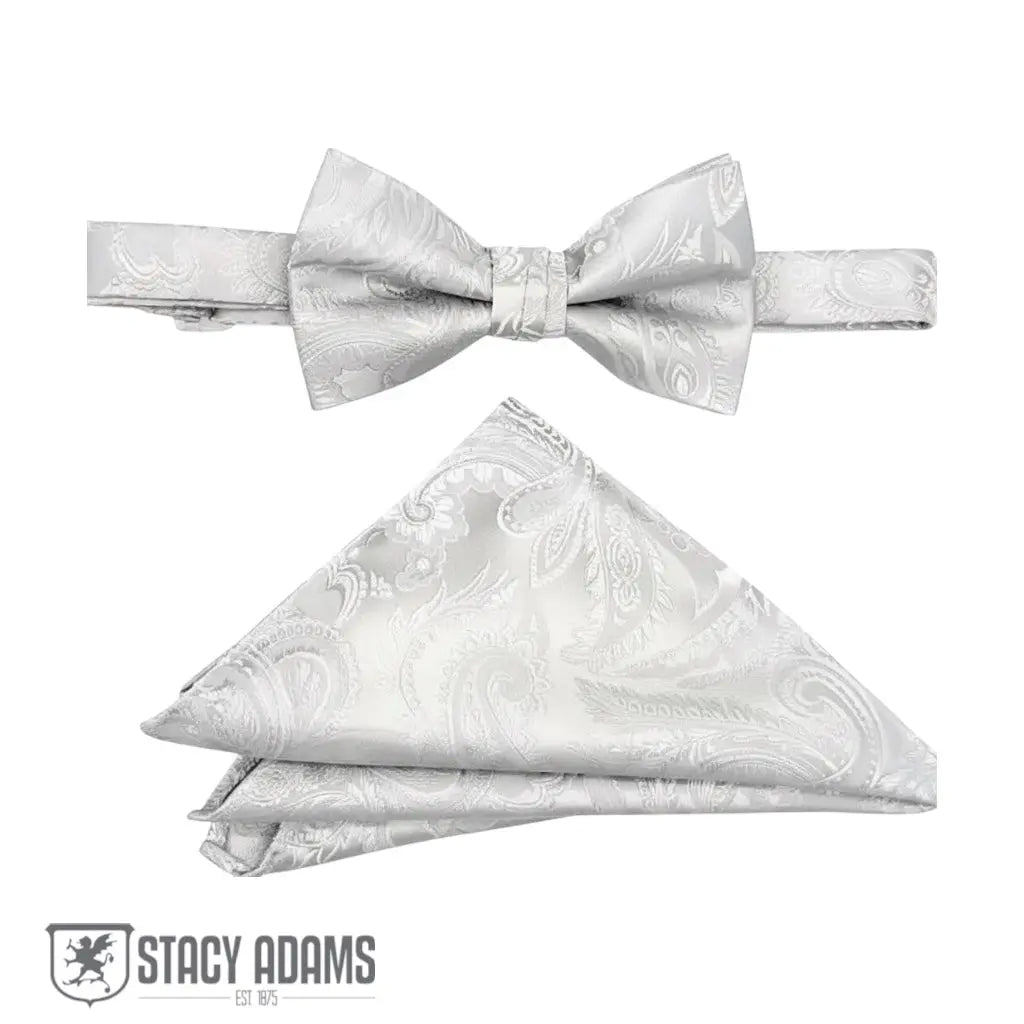 M & R Clothing Stacy Adams silver paisley pre-tied bow tie and matching pocket square set for formal events