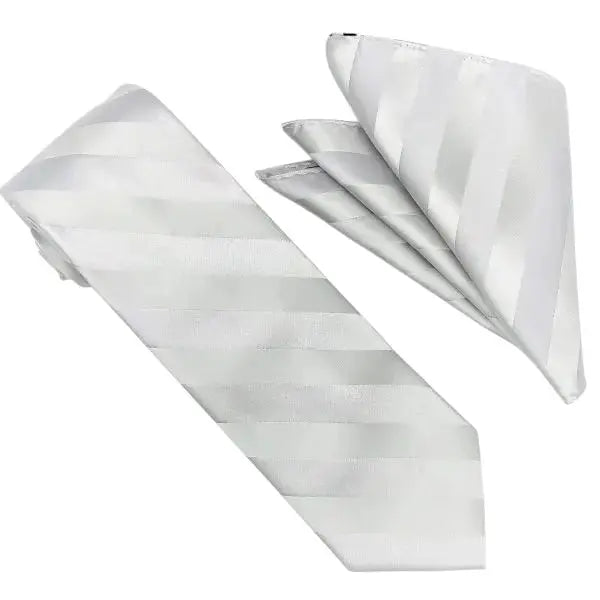 M & R Clothing Stacy Adams silver tonal striped necktie and matching pocket square set for formal wedding attire.