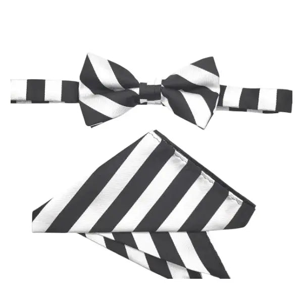 M & R Clothing Stacy Adams black and white diagonal stripe pre-tied bow tie and matching pocket square set