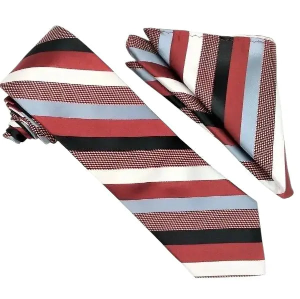 M & R Clothing Stacy Adams burgundy, black, and white striped necktie and matching pocket square set