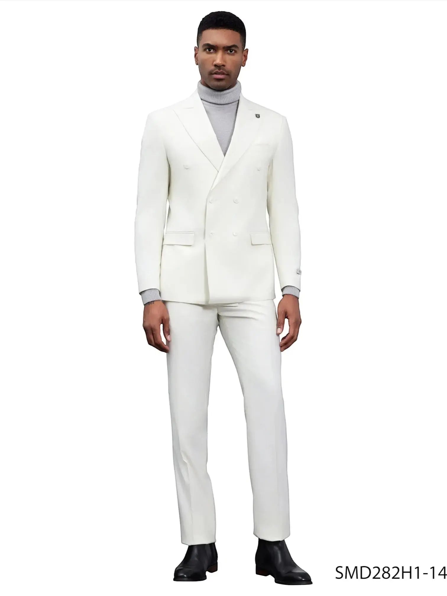 M & R Clothing Stacy Adams white double breasted suit worn by a model with a grey turtleneck and black boots