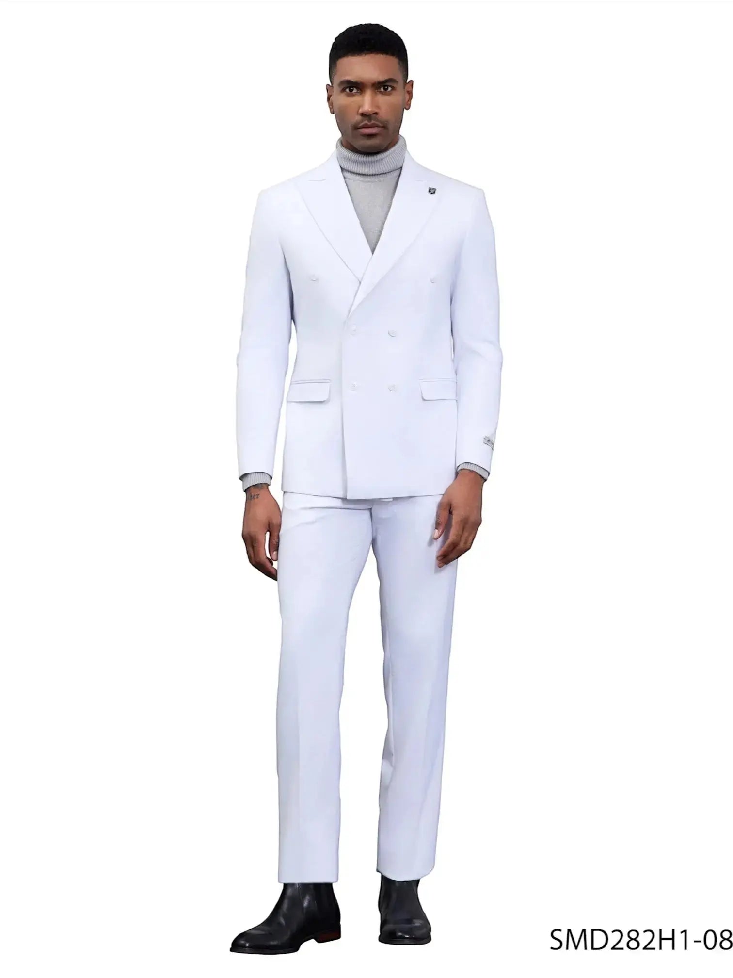 M & R Clothing Stacy Adams white double breasted men's suit worn with a grey turtleneck and black boots