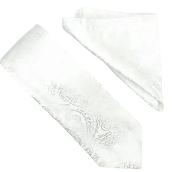 M & R Clothing Stacy Adams white paisley necktie and matching pocket square set for formal occasions