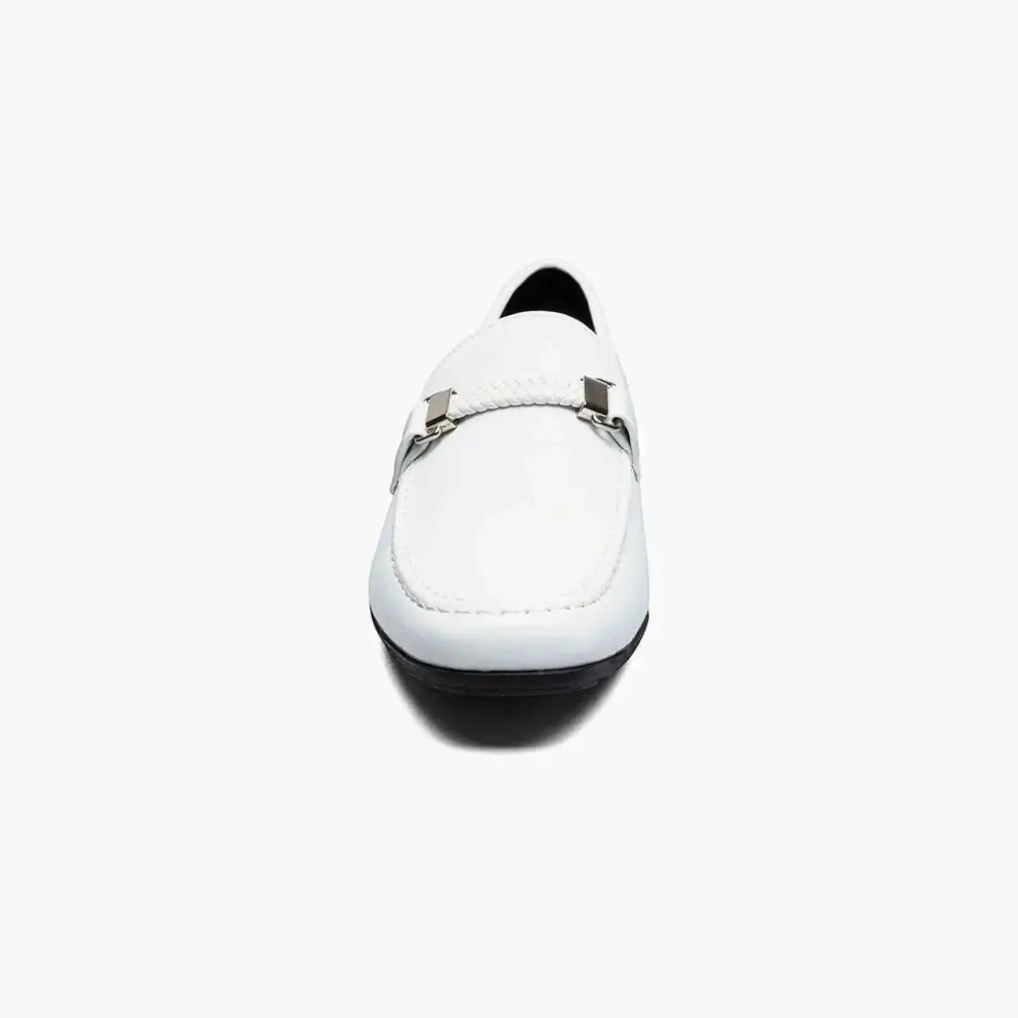 M & R Clothing Stacy Adams Sheridan white patent leather driver slip-on with silver horsebit hardware detail.