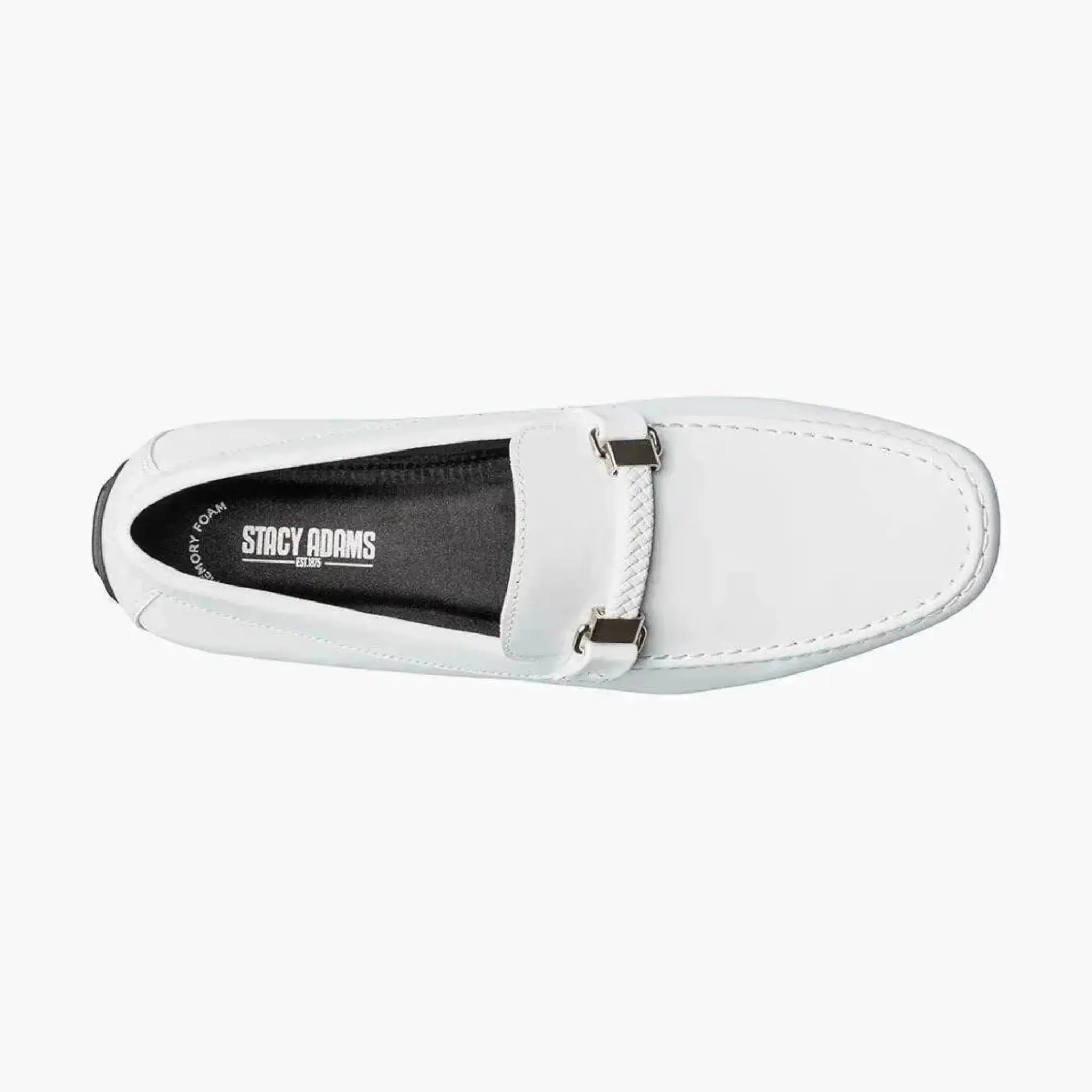 M & R Clothing Stacy Adams Sheridan white patent leather driver slip-on shoe with silver horsebit hardware