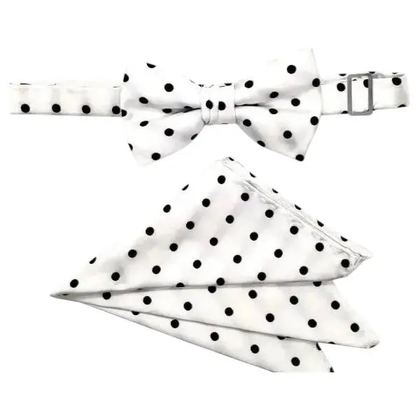 M & R Clothing Stacy Adams white bow tie and pocket square set with black polka dot pattern for formal wear