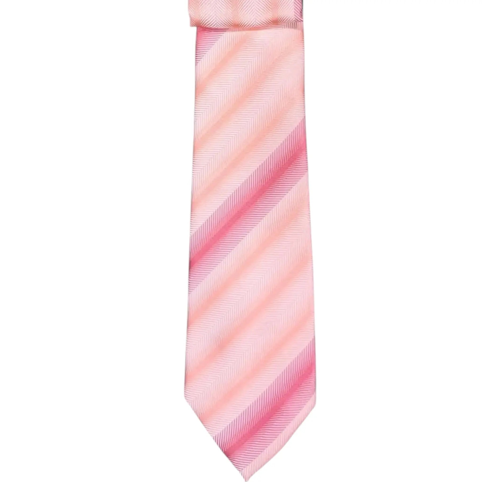 M & R Clothing Augustino striped tie and pocket square set in shades of pink and orange with a herringbone texture.