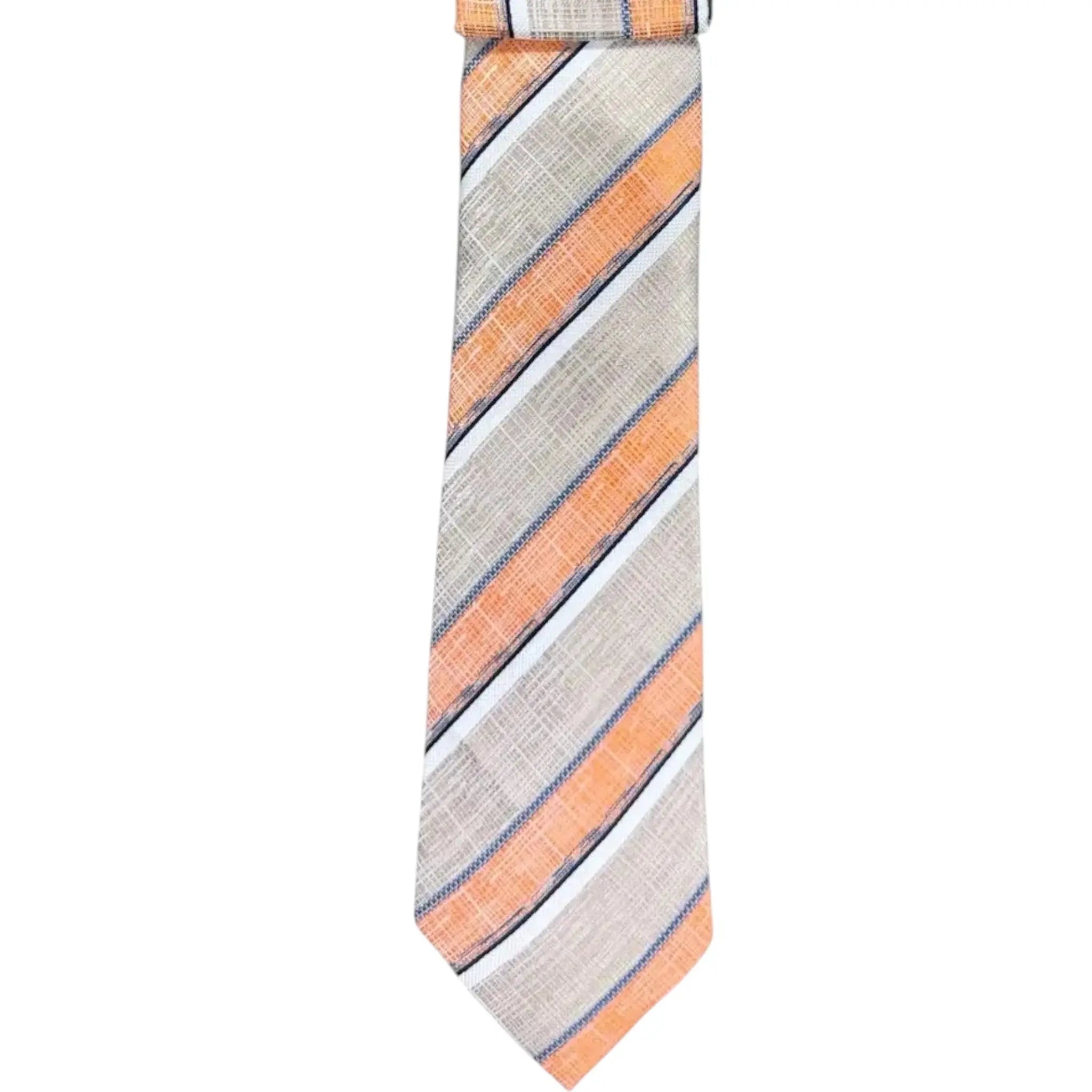 M & R Clothing Augustino striped tie and pocket square set in orange, grey, and white woven viscose blend fabric.