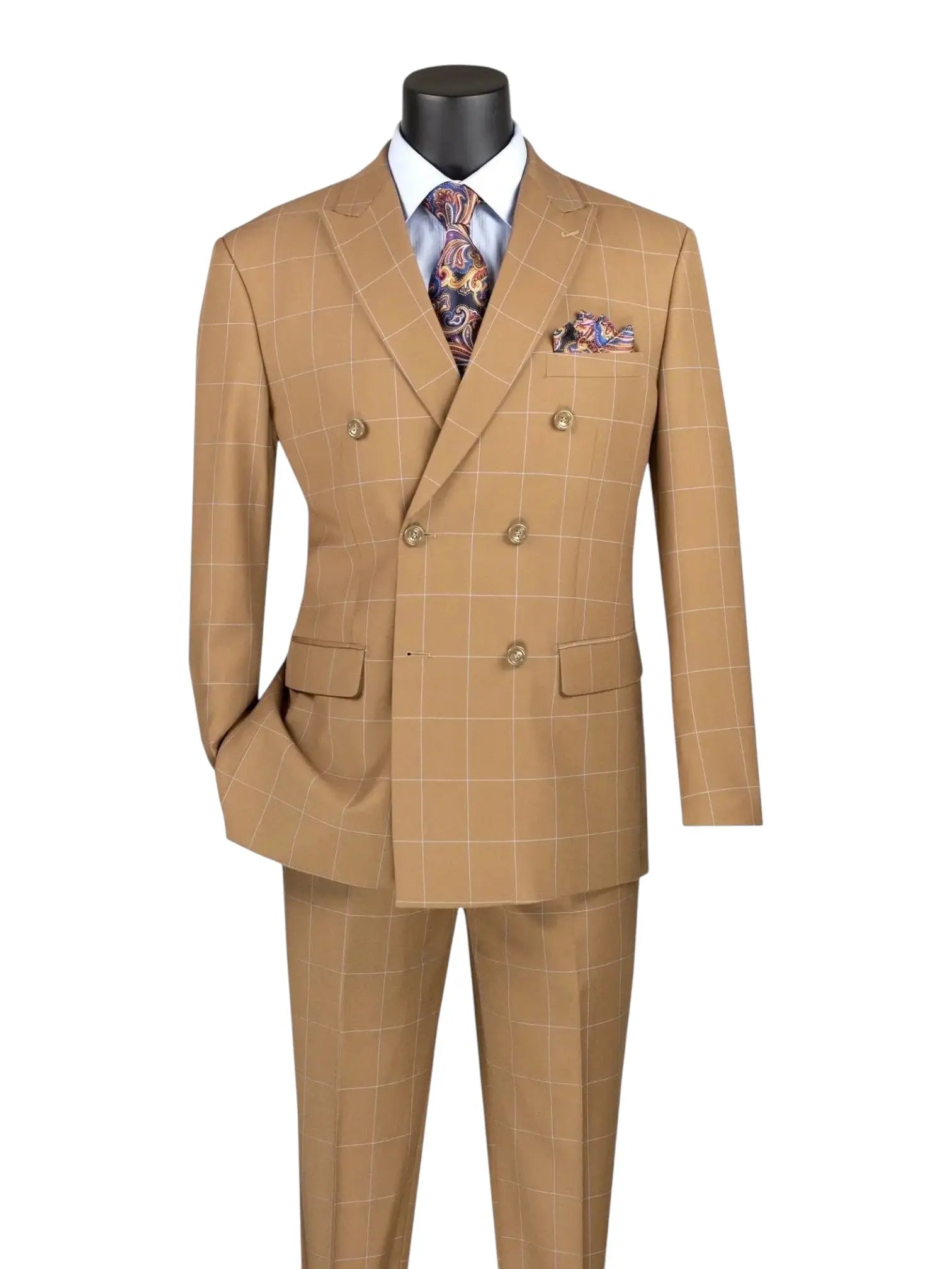 M & R Clothing tan double-breasted suit with a white window pane pattern, peak lapels, and a paisley pocket square.