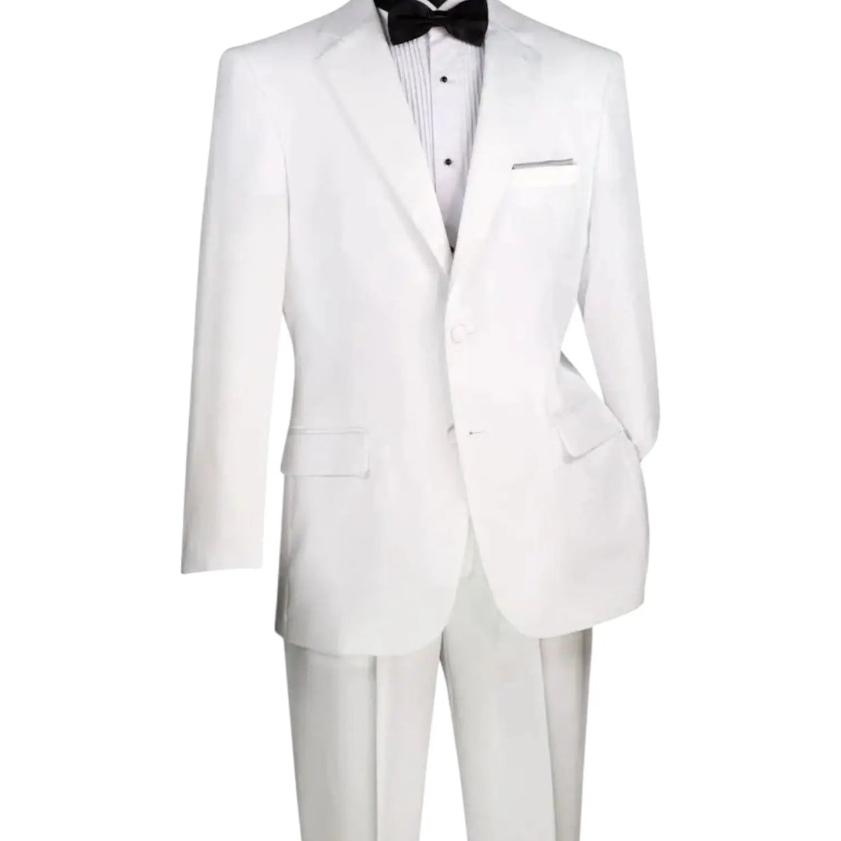 M & R Clothing 2-piece classic white tuxedo with a crisp white shirt and black bow tie for formal events.