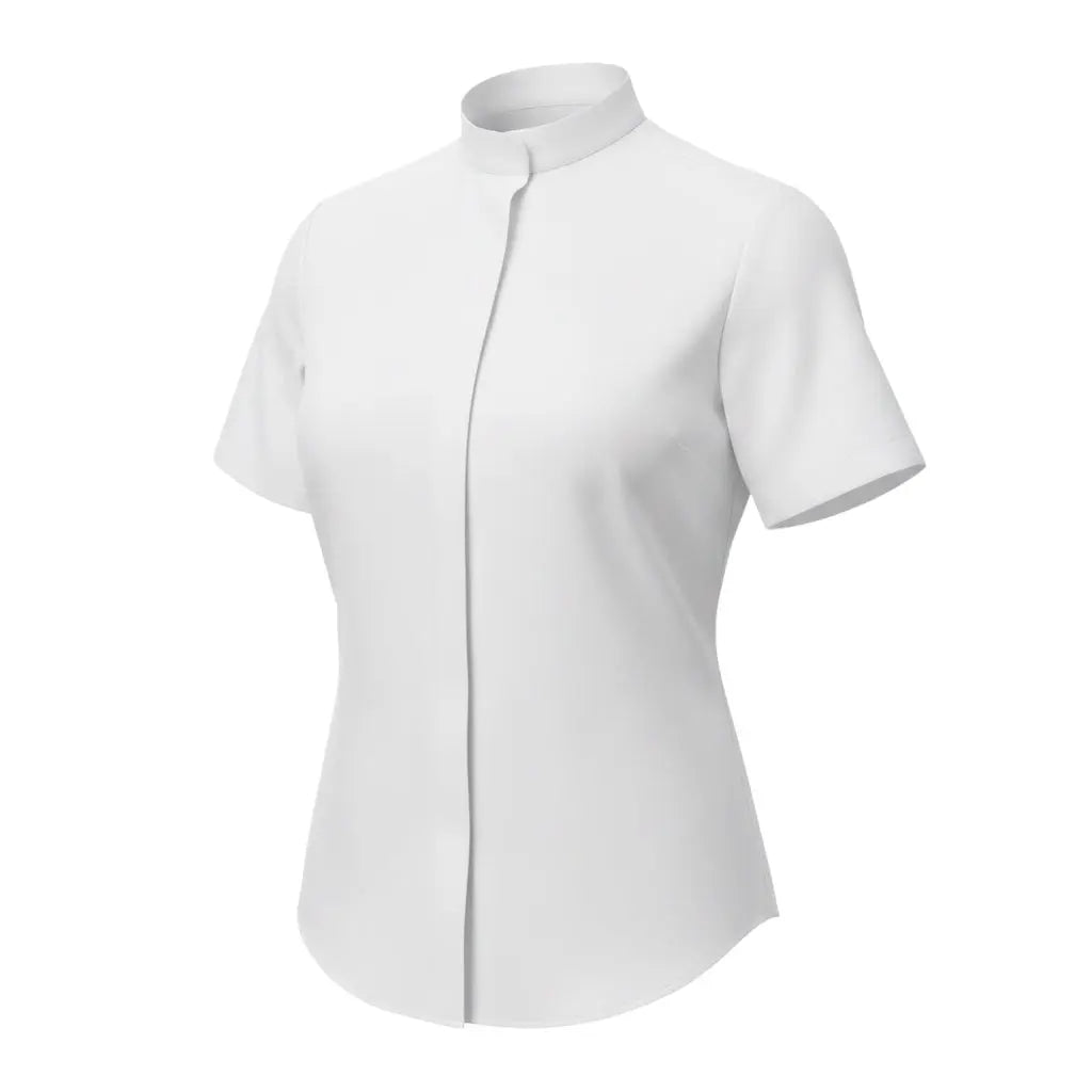 M & R Clothing white short sleeve clergy shirt for women featuring a traditional full Roman collar and tailored fit.