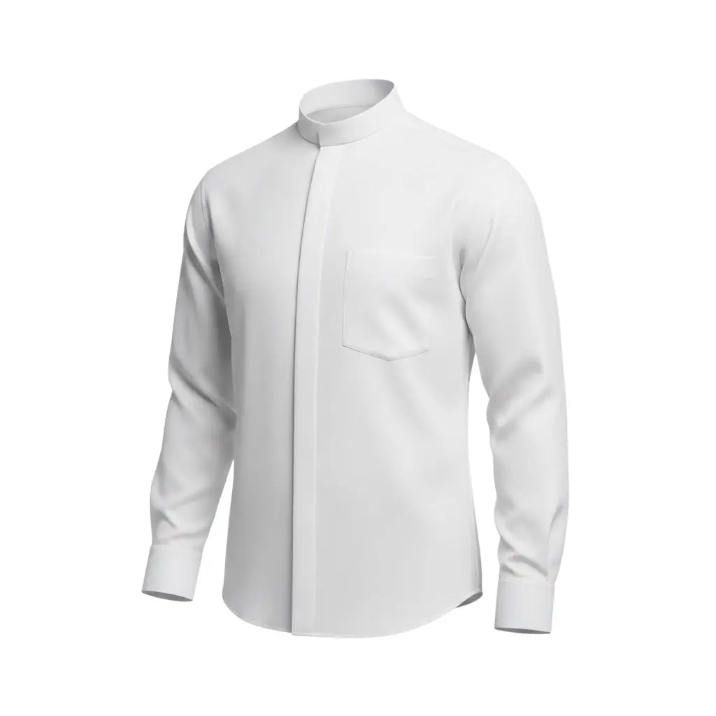 M & R Clothing white long sleeve clergy shirt with a structured tab collar and chest pocket for a formal look.