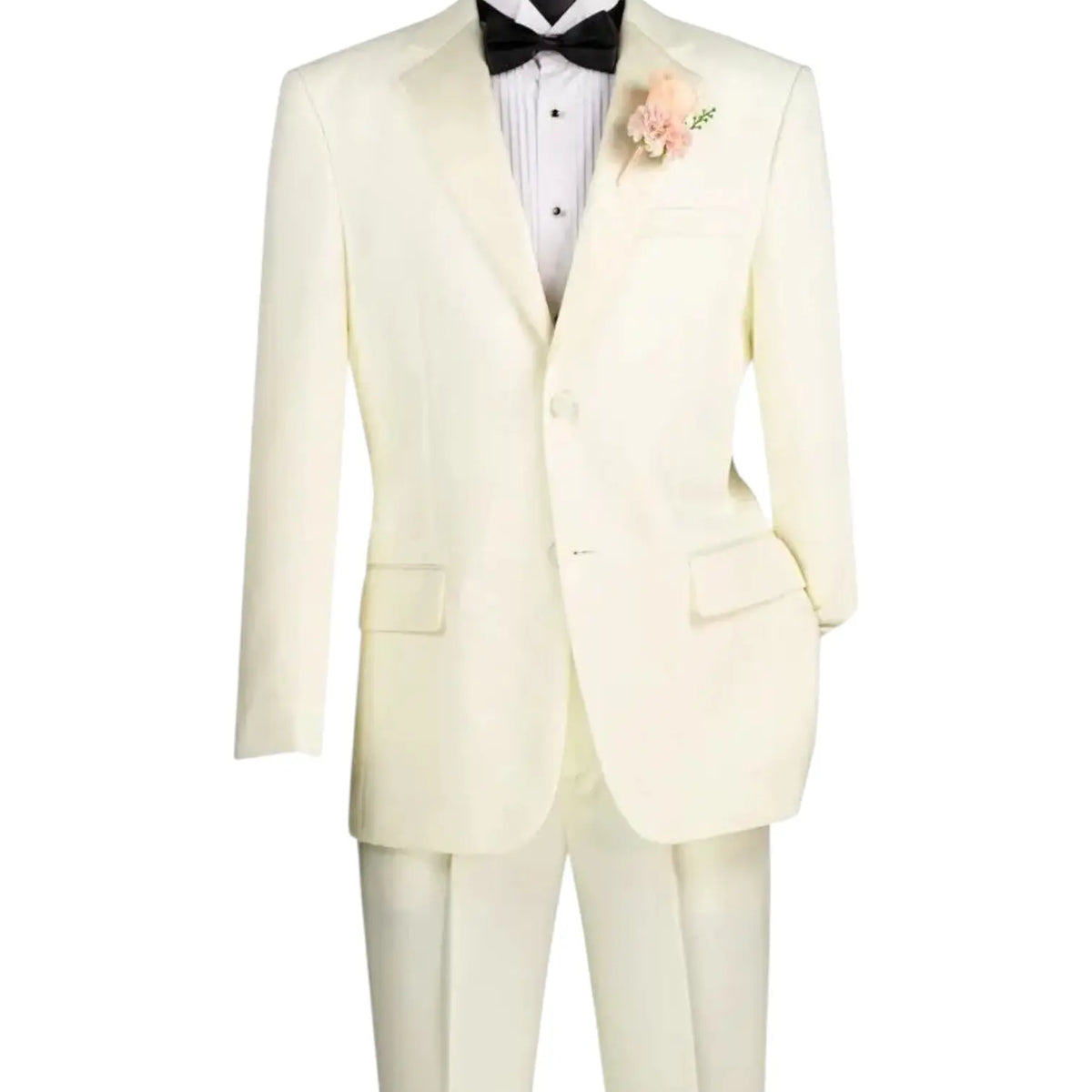 M & R Clothing 2-piece classic white tuxedo with black bow tie and pink lapel flower on a mannequin