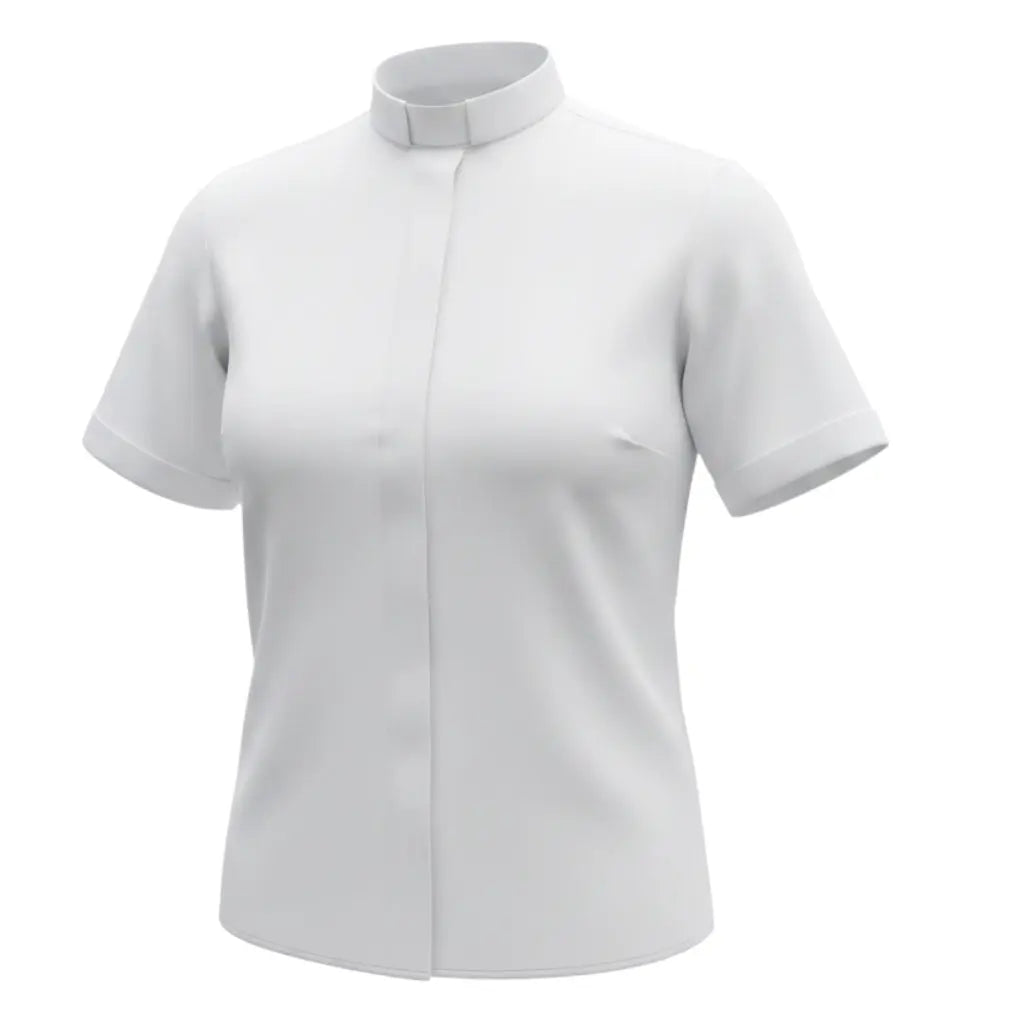 M & R Clothing white short sleeve clergy shirt for women featuring a classic tab collar and tailored silhouette.