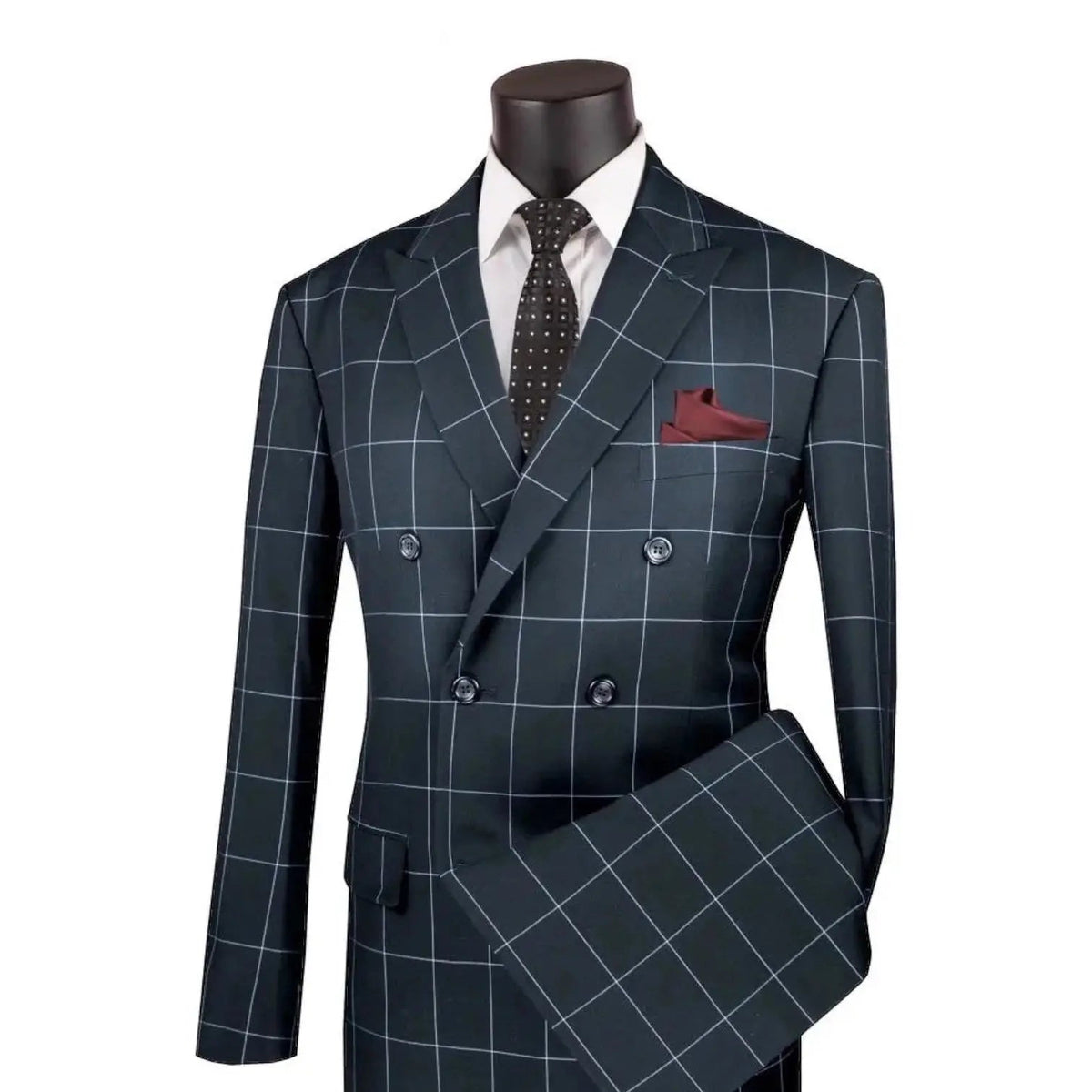 M & R Clothing modern double-breasted suit in dark navy with a white window pane pattern and peak lapels.
