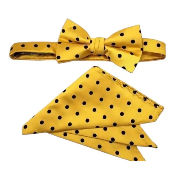 M & R Clothing Stacy Adams yellow bow tie and pocket square set with black polka dot pattern for formal wear