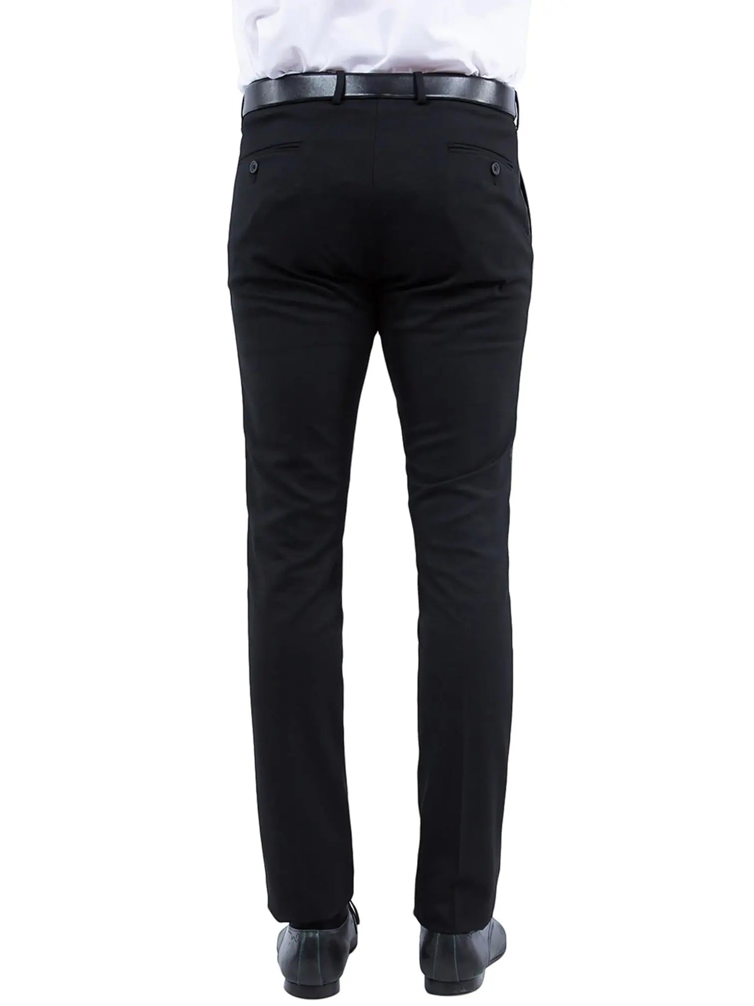 Back view of M & R Clothing Zegarie men's black formal tuxedo dress pants with a tailored fit and belt loops.