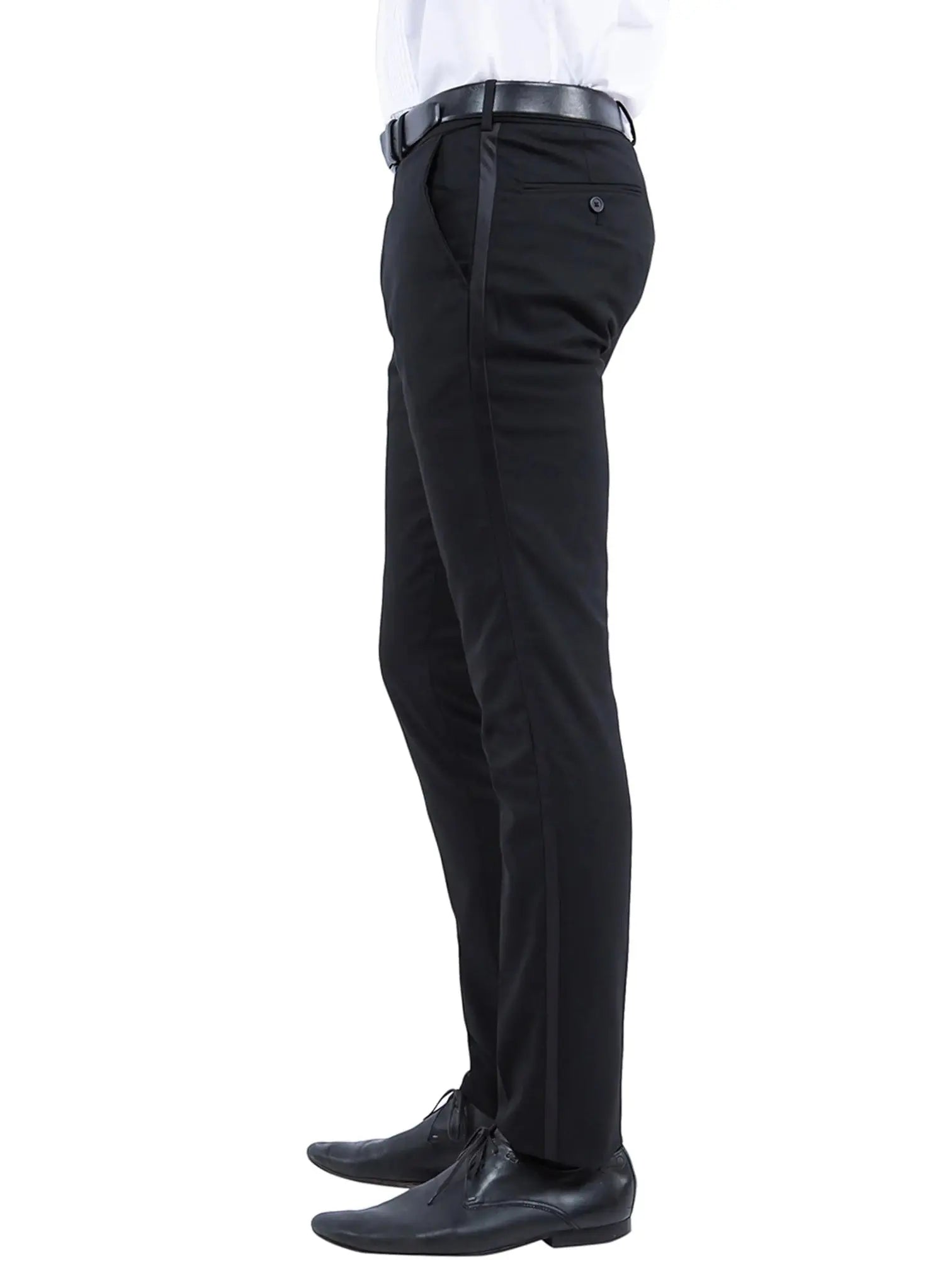 M & R Clothing Zegarie men's black tuxedo dress pants with side satin stripe, shown from a side profile view.