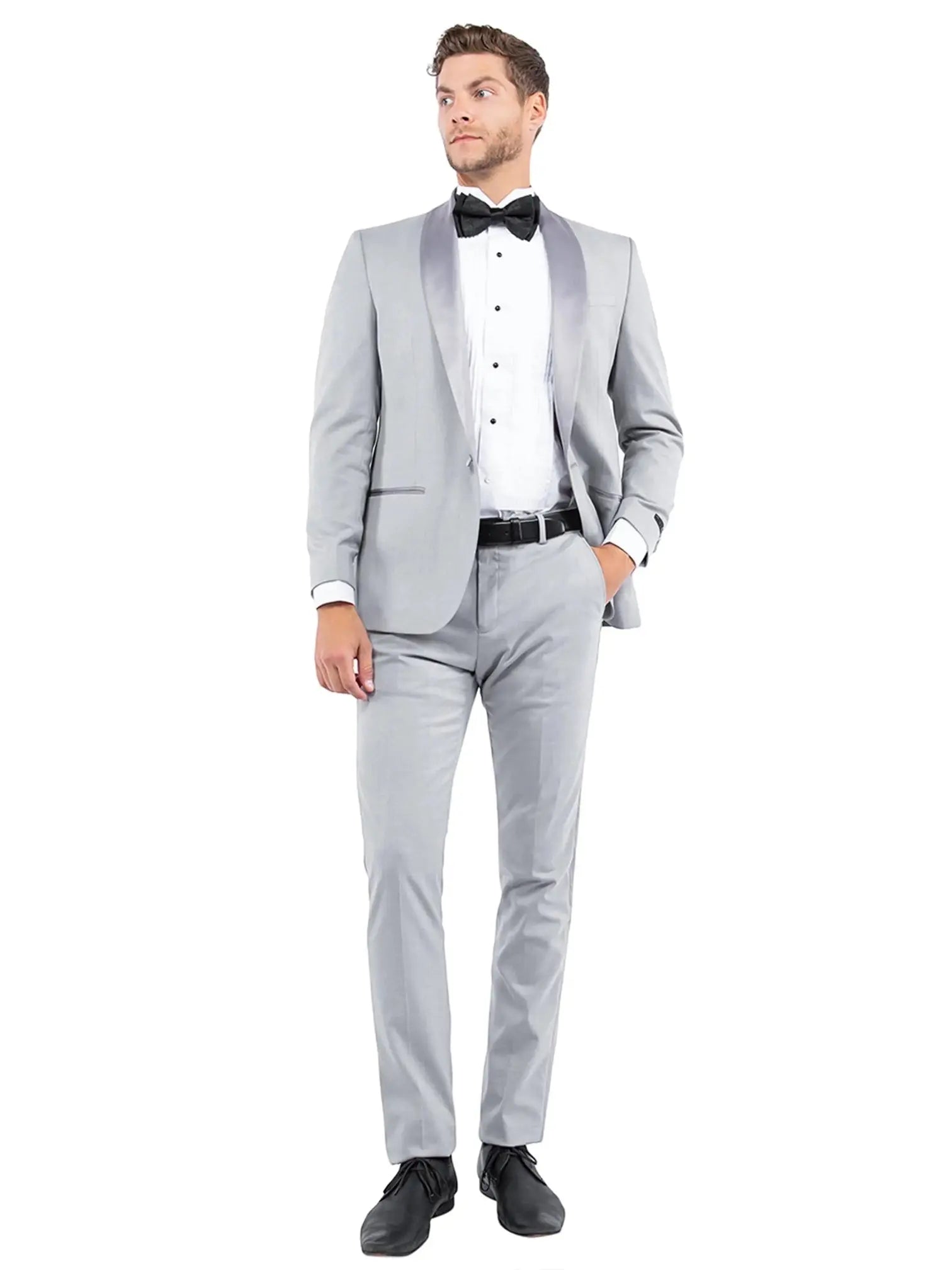 M & R Clothing Zegarie light grey tailored-fit tuxedo jacket with a satin shawl collar worn by a male model