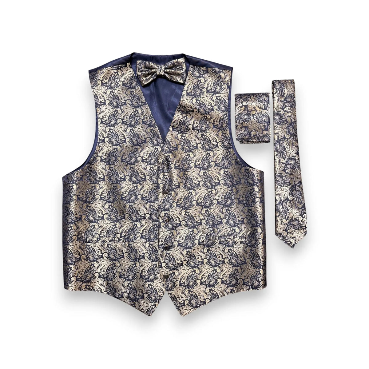 A men's formal vest set featuring a patterned waistcoat, matching bow tie, and a matching necktie, laid out on a clean white background. The fabric has an intricate damask pattern in beige and navy blue, with a solid navy blue lining.