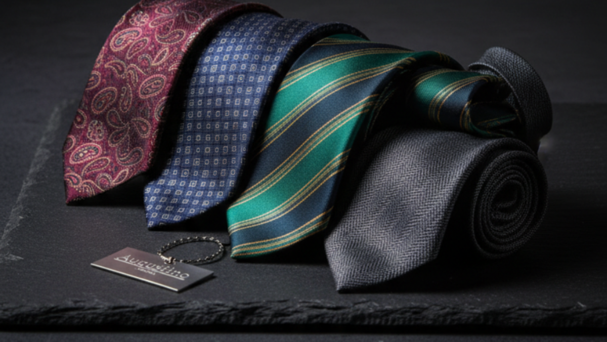 Four rolled and laid-out silk neckties in different patterns and colors, including burgundy paisley, blue check, green and yellow stripes, and solid dark gray, arranged on a dark slate board against a dark gray background.