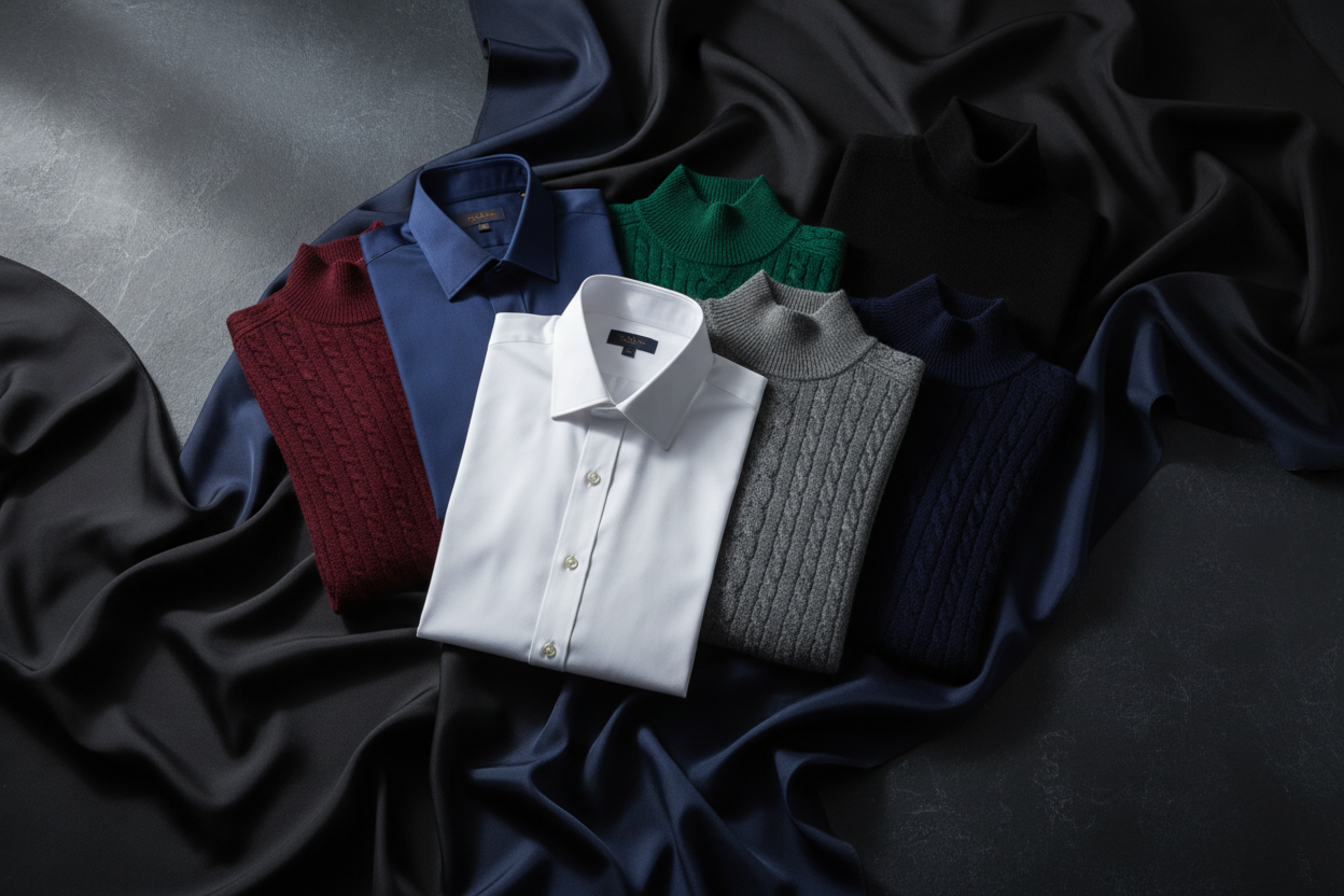 A styled flat-lay of folded knit and dress shirts in multiple colors, including white, blue, green, burgundy, gray, and navy, arranged on draped black and navy satin fabric.