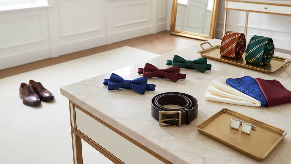 A styled men's accessory display in a bright room, featuring a dark brown leather belt with a gold buckle, navy and burgundy bow ties, striped and green neckties,  pocket squares, cufflinks, and brown leather dress shoes on a marble-topped table.